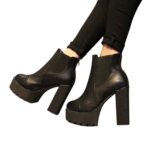 Ankle Boots High Heels Block Thick Women Shoes Autumn Winter Women's High Waterproof Platform Leather Boots Genuine High Quality