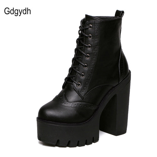 Gdgydh Hot Sale Black Square Heels Platform Boots Ankle Boots Female Lace Up Women Shoes Fashion 2017 Spring Autumn New Brand