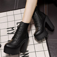 Gdgydh Hot Sale Black Square Heels Platform Boots Ankle Boots Female Lace Up Women Shoes Fashion 2017 Spring Autumn New Brand