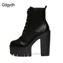 Gdgydh Hot Sale Black Square Heels Platform Boots Ankle Boots Female Lace Up Women Shoes Fashion 2017 Spring Autumn New Brand