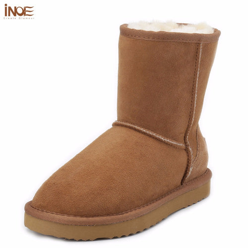 INOE sheepskin leather suede snow boots for women nature fur wool lined men winter shoes high quality brown 35-45 free shipping