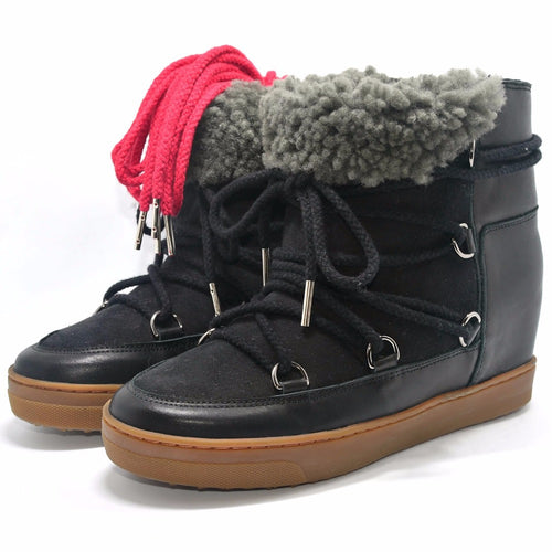 Winter Black Snow Boots Real Fur Nowles Shearling-Lined Genuine Leather Wedge Boots Two Shoelaces 35~41 Heel 7cm Women's Shoes