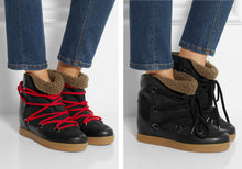 Winter Black Snow Boots Real Fur Nowles Shearling-Lined Genuine Leather Wedge Boots Two Shoelaces 35~41 Heel 7cm Women's Shoes