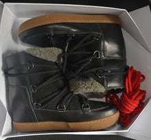 Winter Black Snow Boots Real Fur Nowles Shearling-Lined Genuine Leather Wedge Boots Two Shoelaces 35~41 Heel 7cm Women's Shoes