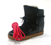 Winter Black Snow Boots Real Fur Nowles Shearling-Lined Genuine Leather Wedge Boots Two Shoelaces 35~41 Heel 7cm Women's Shoes