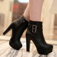 Womens Faux Leather Comfortable Ankle Boots Platform High Heel Booties for Women Fashion Buckle Winter Dress Shoes Black White