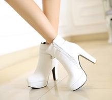 Womens Faux Leather Comfortable Ankle Boots Platform High Heel Booties for Women Fashion Buckle Winter Dress Shoes Black White