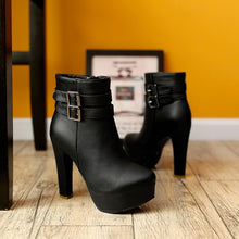 Womens Faux Leather Comfortable Ankle Boots Platform High Heel Booties for Women Fashion Buckle Winter Dress Shoes Black White