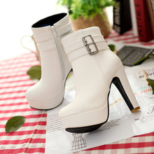 Womens Faux Leather Comfortable Ankle Boots Platform High Heel Booties for Women Fashion Buckle Winter Dress Shoes Black White